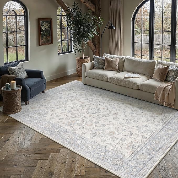 5x7 Blue Washable Area Rug for Living Room Bedroom Neutral Soft Floral Non Slip Large Throw Rug Lightweight Vintage Low Pile Distressed Carpet Office Playroom Dining Room
