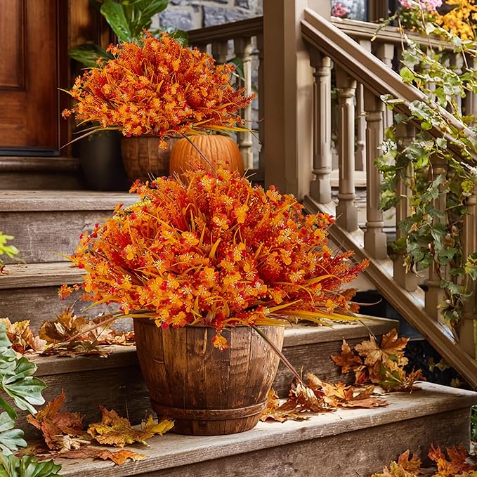 AXYLEX Artificial Fall Flowers Outdoor Fake Mums - 16 Bundles Fake Plants UV Resistant No Fade Faux Plastic Greenery Garden Porch Patio Fall Home Decor (1, OrangeYellow)
