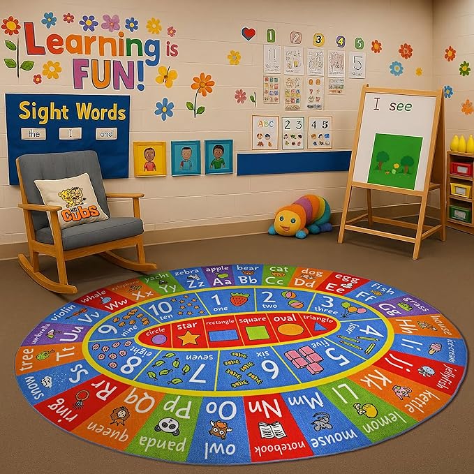 KC Cubs Educational Kids Rug – ABC Alphabet, 123 Numbers & Shapes Learning Mat – Soft Interactive Carpet for Classroom, Playroom & Bedroom 8x10 Oval