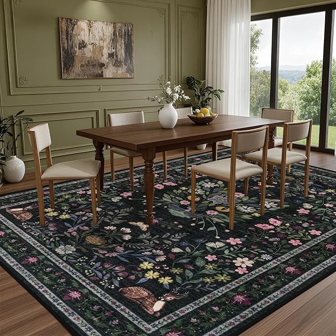 9x12 Area Rugs Living Room Rug: Vintage Washable Rug Floral Soft Carpet Indoor Floor Non-Slip Boho Stain Resistant Large Carpets for Bedroom Kids Nursery Dining Room Farmhouse Home Office Black/C02