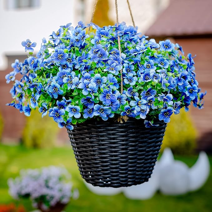 AXYLEX Artificial Flowers for Outdoors Fake Plants - 16 Bundles Faux Outside Greenery Boxwood No Fade Plastic Shrubs Fall Decor Farmhouse Home Garden (Blue)