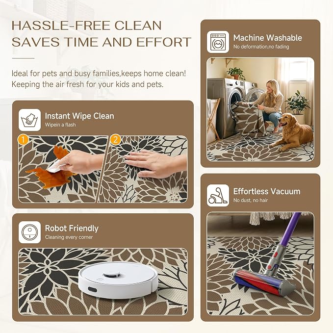 HUGEAR 6'x9' Waterproof Floral Outdoor Rug Patio Linen-Look Black Brown Floor Mat for Camping RV Outside Area Rug Deck Porch Balcony Backyard Picnic Beach Carpet Decor