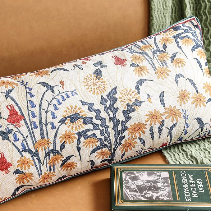 bilin gaier Designer Linen Throw Pillow Covers,28"x12" Set of 2-Tijuana | Vintage Elegant Rectangular Pillow Cover,Concealed Zipper,Floral Pattern,Sofas,Bedroom,Living Room,Lounge Chairs