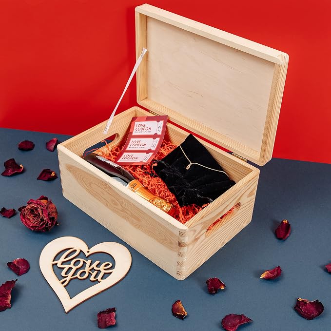 Creative Deco Personalized Wooden Storage Box Valentine Box | 11.8x7.87x5.51in (+-0.5) | Multiple Choice | Hinged Lid Handles Engraving | Unpainted Gift Box | UNSANDED Memory Souvenir Chest