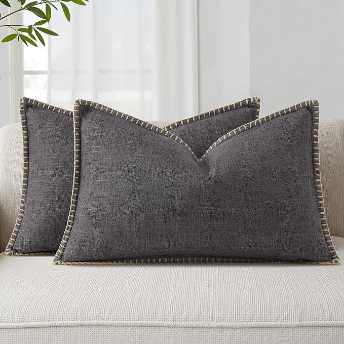 decorUhome Summer Decorative Throw Pillow Covers 12x20 Set of 2 Lumbar Faux Linen Farmhouse Pillow Covers with Stitched Edge Outdoor Neutral Pillow Covers for Couch Sofa Living Room, Dark Grey