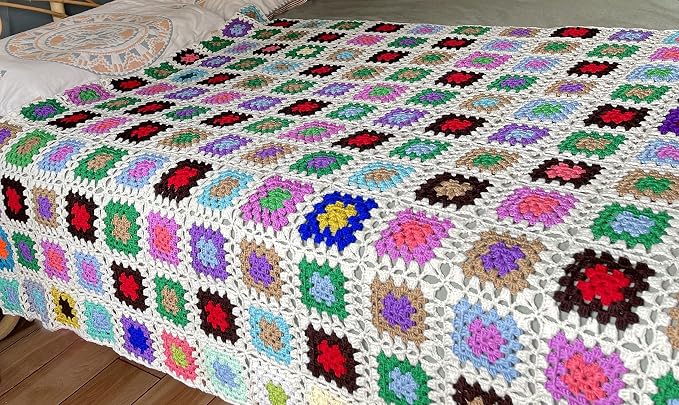RISEON Handmade Granny Square Crochet Throw Blanket Sweater Style Mat, crochet quilt, multicolor Boho Travel Accent Decor Throw for Sofa Comforter Couch Bed Recliner Living Room Bedroom (White)