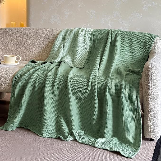 FALUCA Cotton Muslin Cooling Reversible Blanket Queen Size for Bed, Couch, Four Layers Blanket, Soft Lightweight Cozy Breathable Farmhouse Decoration for Summer, Light Green