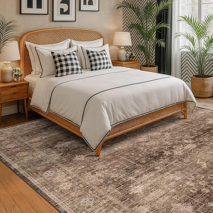 Hazo Haus Boho Taupe Brown Living Room Rug 8x10 - Modern Vintage Traditional Eclectic Oriental Neutral, Washable Low Pile Non-Slip Extra Large Area Rugs for Dining Under Table Bedroom Lounge