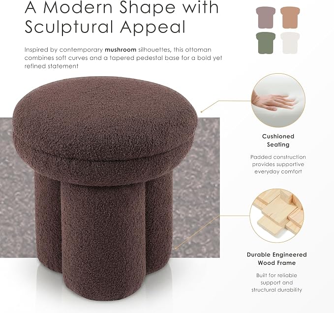 Furniture of America Rami Modern 17.5-inch Mushroom-Shape Upholstered Ottoman with Tri-Pillar Pedestal, Vanity Stool Chair, Small Foot Stool for Bedroom, Living Room, Entryway, Brown