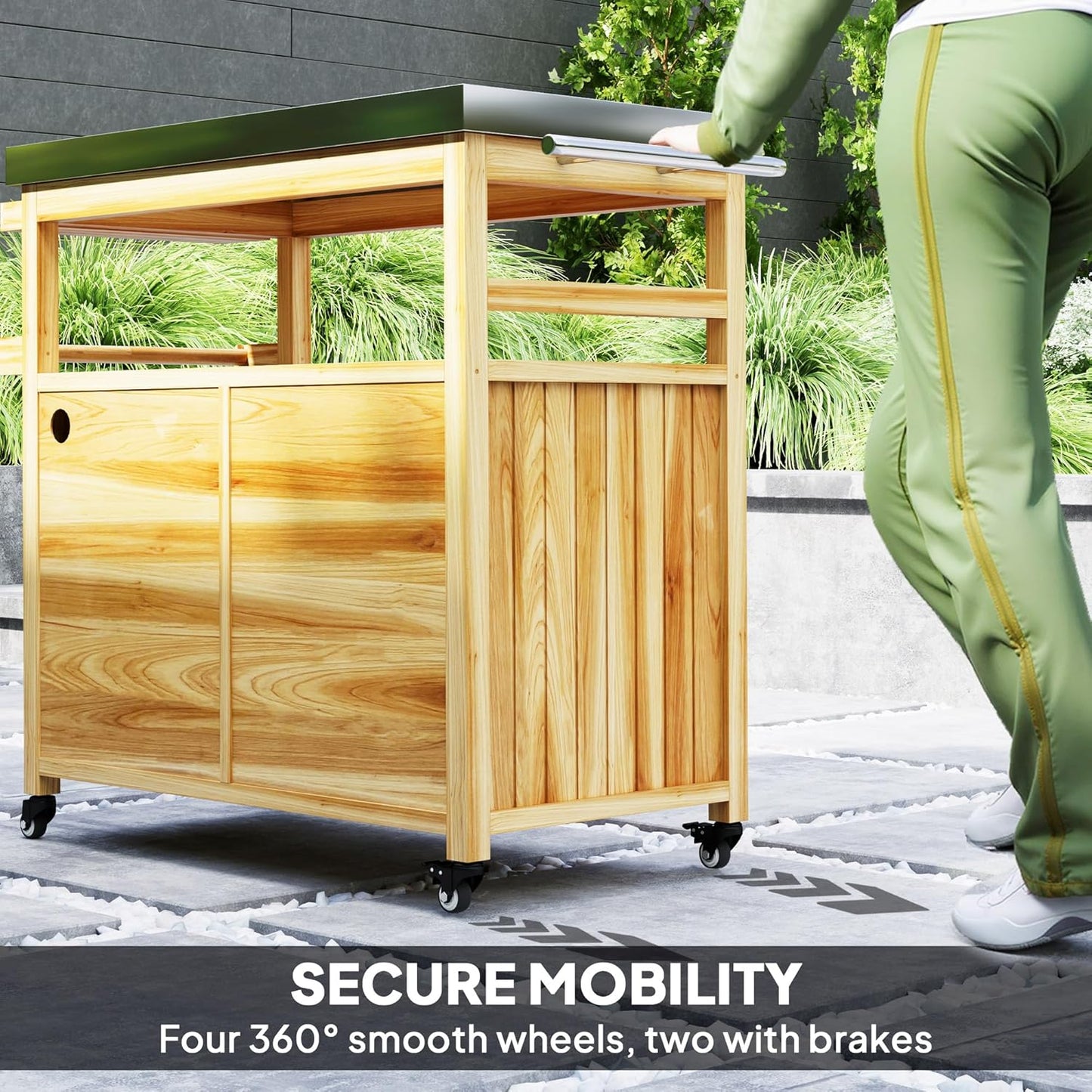 Outsunny Outdoor Grill Cart with Wheels and Storage, Solid Wood Outdoor Kitchen Island with Stainless Steel Top, Movable Bar Cart with Spice Rack, Side Handle, Integrated Hole for BBQ, Natural Wood