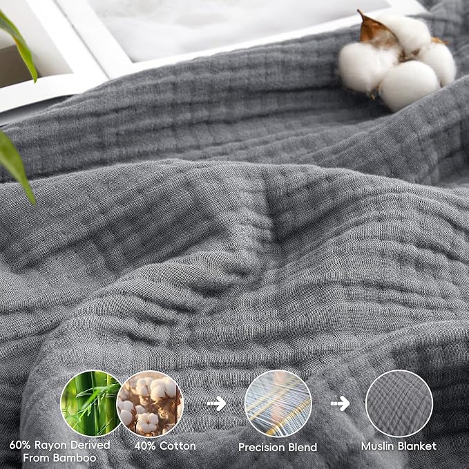 David's Home Soft Muslin Blanket Throw Size for Adults, 60% Rayon 40% Cotton, Breathable Lightweight Cooling Blanket for Hot Sleepers, 4-Layer Cozy Gauze for Bed, 50"x60", Grey