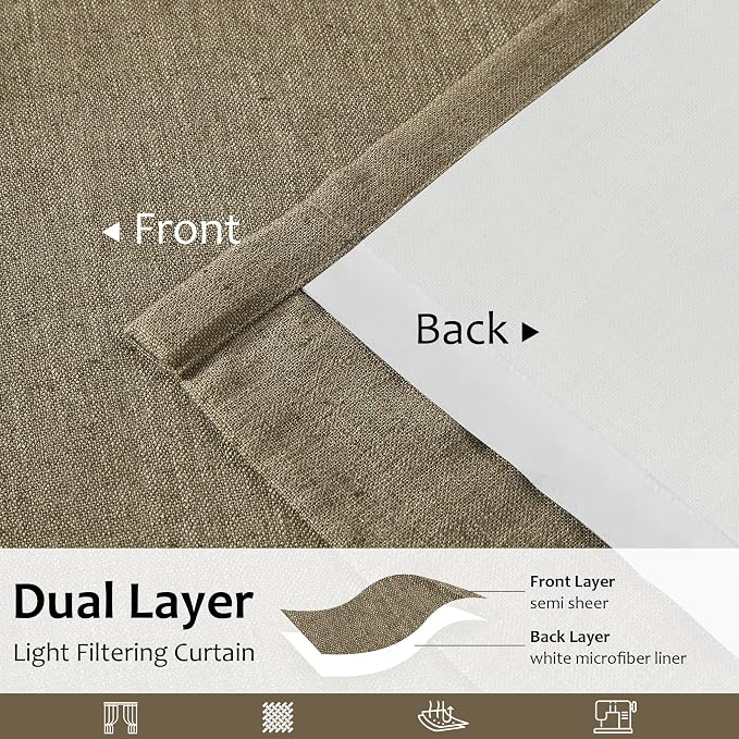 Central Park Pinch Pleat Light Filtering Curtain Panel with Microfiber Liner 102 Inch for Living Room, Linen Blended Textured Window Treatment for Bedroom with Back Tab Hooks, Café Brown, 40"Wx102"Lx2