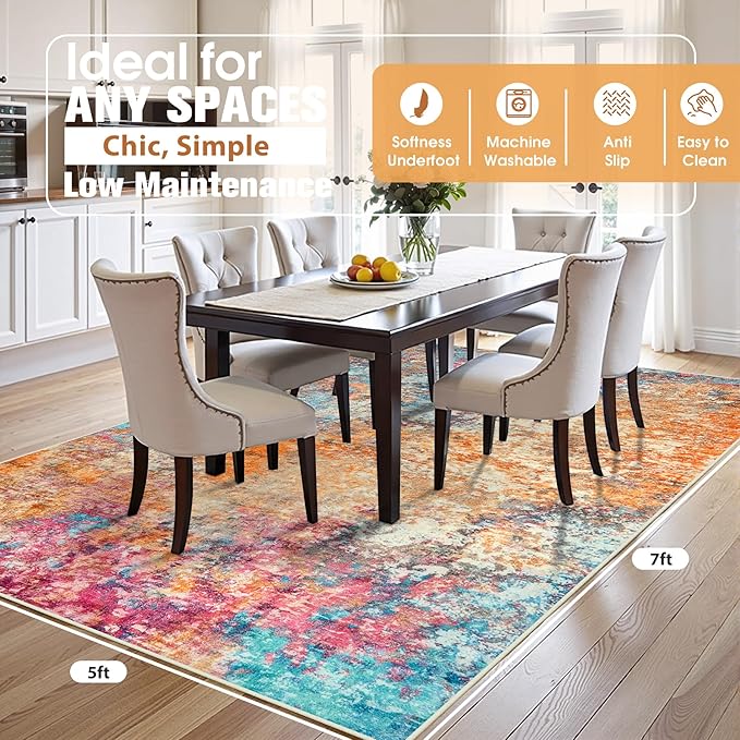 5x7 Area Rugs for Living Room Rug Washable: Abstract Rug for Dining Room Bedroom Carpet Non Slip 5 by 7 Indoor Modern Nursery Home Office Colorful