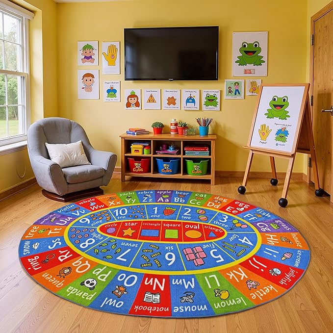 KC Cubs Educational Kids Rug – ABC Alphabet, 123 Numbers & Shapes Learning Mat – Soft Interactive Carpet for Classroom, Playroom & Bedroom 8x10 Oval