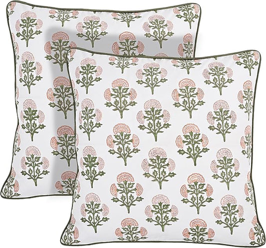 Ridhi Block Print Mughal Buta Peach Pillow Cover 18" x 18" (Pack of 2) Decorative Couch Pillows for Living Room, Chic Boho Cute Outdoor Pillows Covers Gifts for Spring, Easter and Valentine