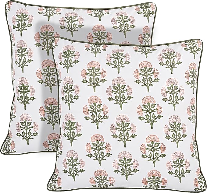 Ridhi Block Print Mughal Buta Peach Pillow Cover 24" x 24" (Pack of 2) Decorative Couch Pillows for Living Room, Chic Boho Cute Outdoor Pillows Covers Gifts for Spring, Easter and Valentine