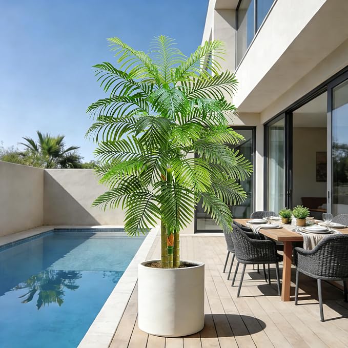 Artificial Golden Cane Palm Tree：6T Fake Large Tropical Areca Palm Trees Tall Faux Silk Plant in White Pot with Realistic Triple Textured Trunks for Office Outdoor Home Decor Hotel Patio Lobby