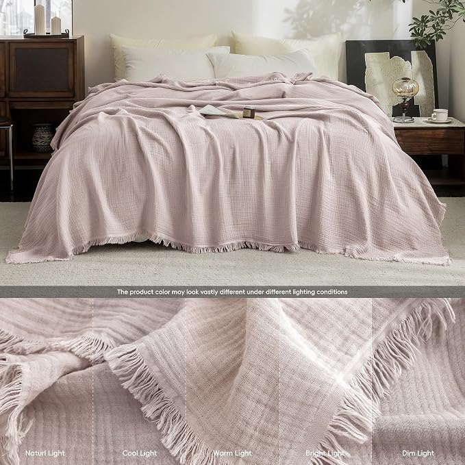 FOSSA Muslin Blanket 4-Layer 100% Cotton Gauze Blanket with Fringe 66"x90" | Super Soft Breathable Lightweight All Season & Decorative Blanket or Bed, Sofa, Office (Greyish Pink,Twin XL)