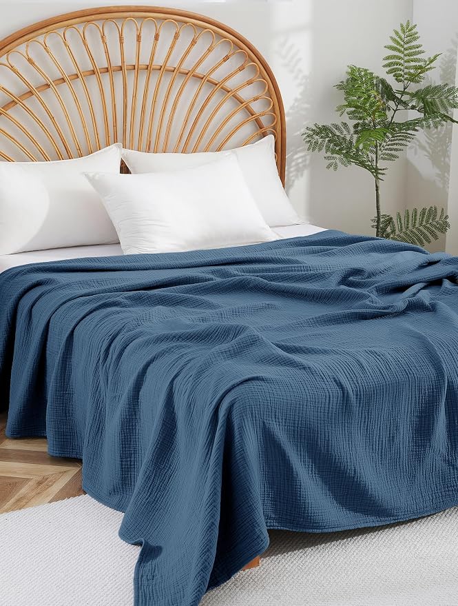 100% Cotton Muslin Twin XL Blanket (66" x 90") – A Luxuriously Soft, 4-Layer Lightweight and Breathable Gauze Blanket, Perfect for Year-Round use on beds, couches (Pacific Blue, Twin XL)