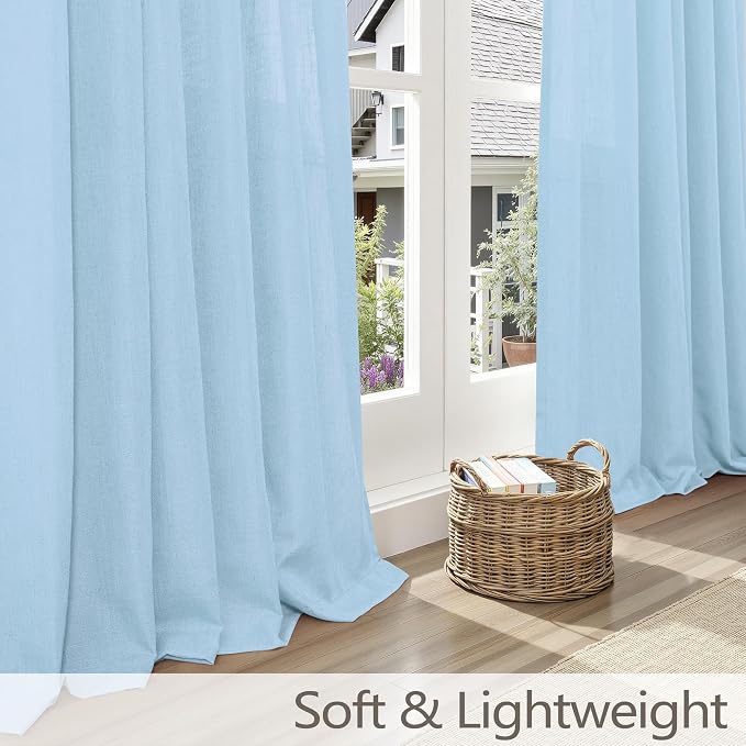 Light Blue Pinch Pleated Linen Curtains 45 Inch Length 2 Panels for Living Room Bedroom Cotton Textured Semi Sheer Drapes for Kitchen Farmhouse Style Spring Decor Back Tab Pleat Window Curtain 40x45