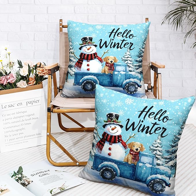 Blue Truck with Lovely Snowman Puppy Dog Pillow Covers 16x16 Set of 2 Hello Winter Throw Pillow Case Snowflakes Snowman Cushion Case for Holiday Decorations Couch Sofa