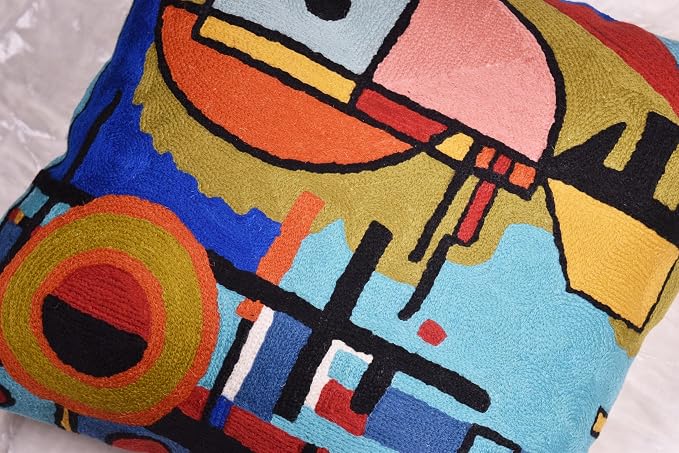 Kandinsky Upwards Abstract Pillow Cover Blue Decorative Throw Pillowcase Modern Chair Cushion Contemporary Accent Pillowsham Couch Handembroidered Wool Size 18x18