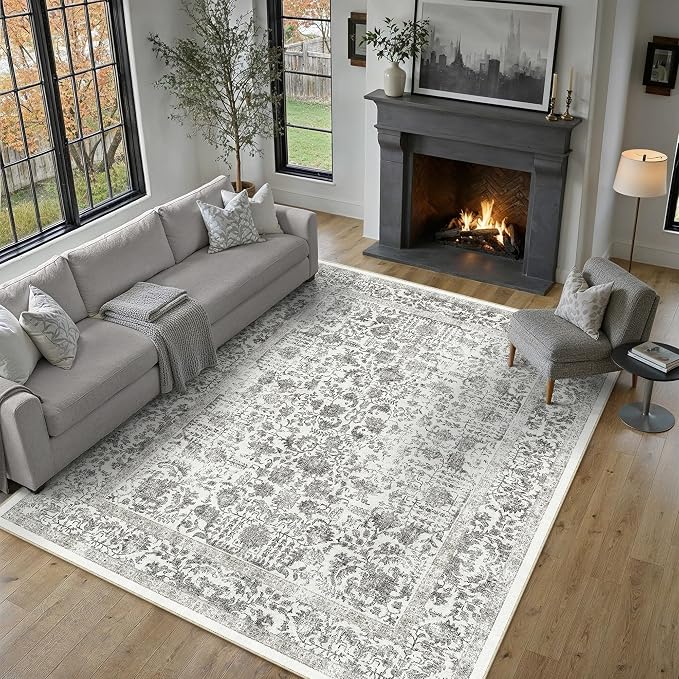 PureCozy Black Area Rug 6x9 Machine Washable Vintage Living Room Distressed Non Slip Carpet Traditional Indoor Bedroom Retro Floral Accent Throw Large Rug for Office Kitchen Dining Room