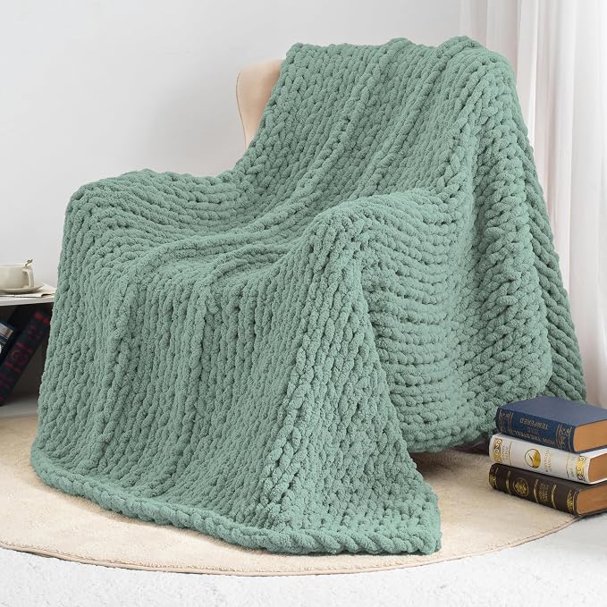 Chunky Knit Throw Blanket 50x60, 100% Handmade Chenille Yarn | 4.4lbs Soft Thick Cable Knitted Blankets, Large Rope Knot Crochet Throws for Couch Sofa Bed Machine Washable, Sage Green
