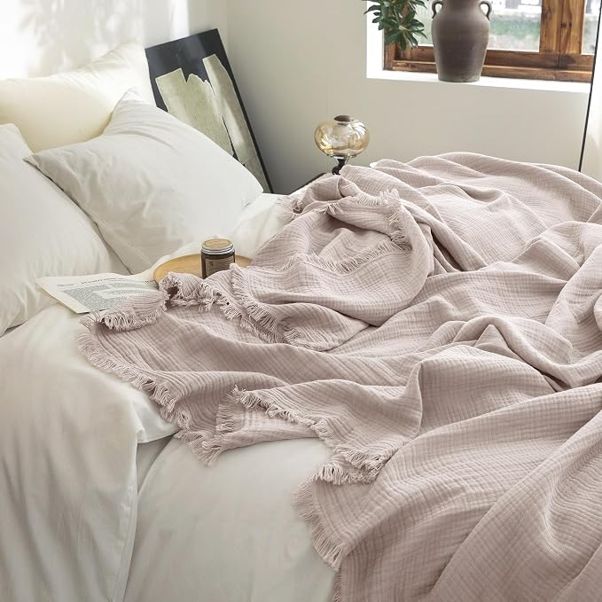 FOSSA Muslin Blanket 4-Layer 100% Cotton Gauze Blanket with Fringe 66"x90" | Super Soft Breathable Lightweight All Season & Decorative Blanket or Bed, Sofa, Office (Greyish Pink,Twin XL)