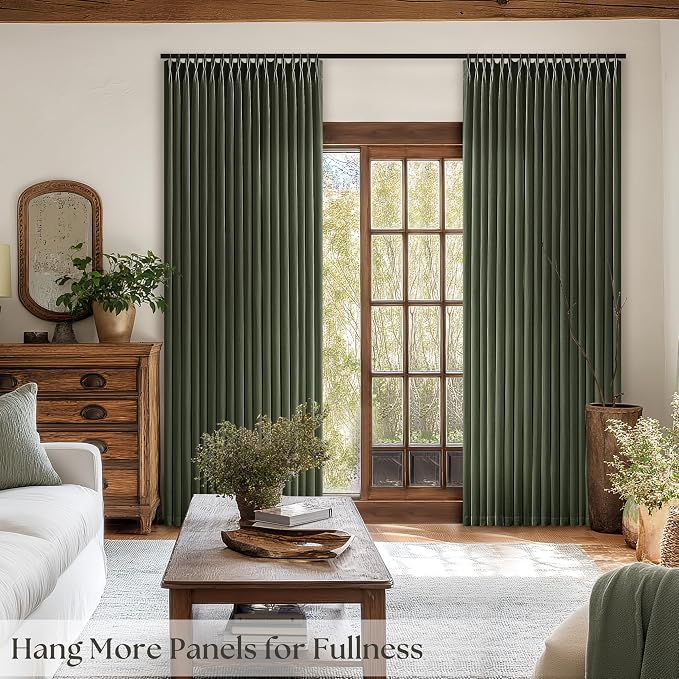 Rifle Green Linen Curtains 102 Inches Long for Living Room Pinch Pleated Draps with Hooks Rings for Traverse Rods Back Tab Semi Sheer Olive Hunter Forest Green Cottage 102 Inch Pleat Curtains 40x102