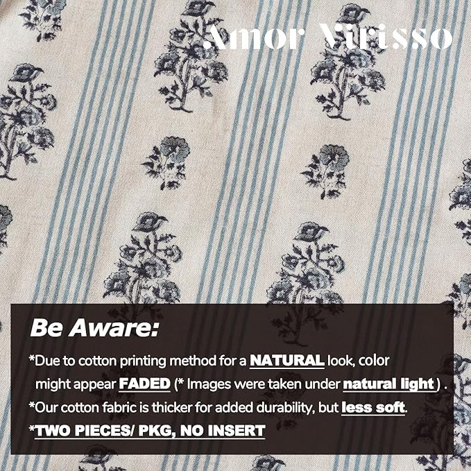 Amor Virisso Floral Throw Pillow Covers 12 x 20 Set of 2 Block Print Pillow Covers Neutral Floral Striped Farmhouse Decorative Pillow Covers for Sofa Couch Bed, Light Blue