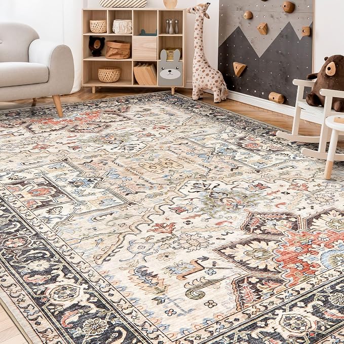 11x14 Area Rugs for Living Room - Large Carpet Ultra Thin Soft Washable Oriental Vintage Floral Distressed Big Indoor Carpets for Bedroom Nursery Dorm Home Decor Aesthetic - Multi Color