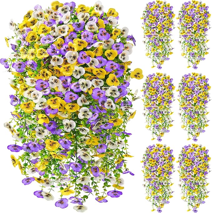 Serwalin Artificial Fake Hanging Flowers for Outdoors Planters,6PCS UV Resistant Faux Pansy Spring Flowers for Outside Porch Patio Garden Window Box (Yellow Purple White)