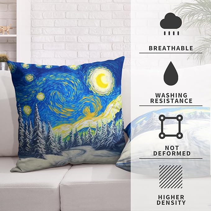 Winter Pine Forest Pillow Covers Van Gogh Starry Night Throw Pillow Covers Christmas Tree Pillowcase 20x20 Set of 2 Double Sided Printing Cushion Case for Living Room Couch Sofa