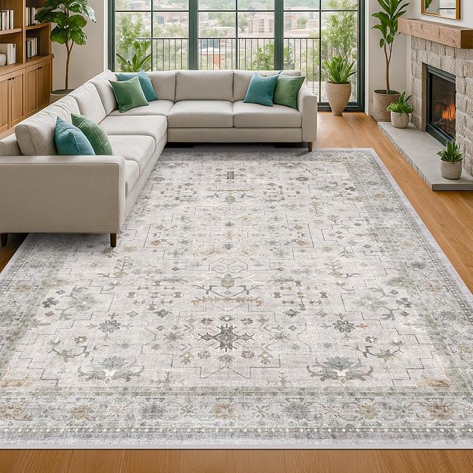 Hazo Haus Boho Washable 5x7 Living Room Rug - Neutral Light Gray & Sage Area Rugs for Nursery, Dining Under Table, Bedroom, Modern Vintage Eclectic Geometric Floral, Low Pile Stain Resistant