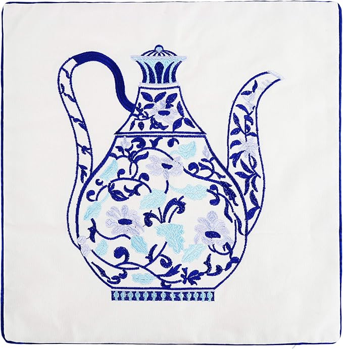 Embroidery Throw Pillow Covers 18x18 Home Décor Floor Pillows Cover for Couch 100% Cotton Cushion Cover 45x45cm Decorative Pillowcase, Chinese Blue and White Porcelain Bottles, 4 Pieces