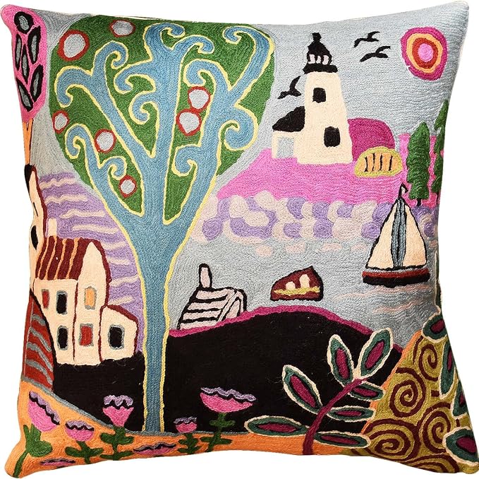 Green Coastal Pillow Cover Blue Nautical Accent Throw Pillowcase Karla Gerard Accent Cushion Floral Tree Chair Pillowsham Mid Century Modern Couch Hand Embroidered Wool 18x18 Inch