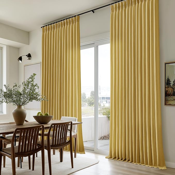 Mustard Yellow Linen Curtains 96 Inch Pinch Pleated for Living Room Bedroom Dining Boho Light Filtering Spring Decor Pinch Pleat Drapes Back Tab Semi Sheer Harvest Autumn Golden Ochre Window Curtains