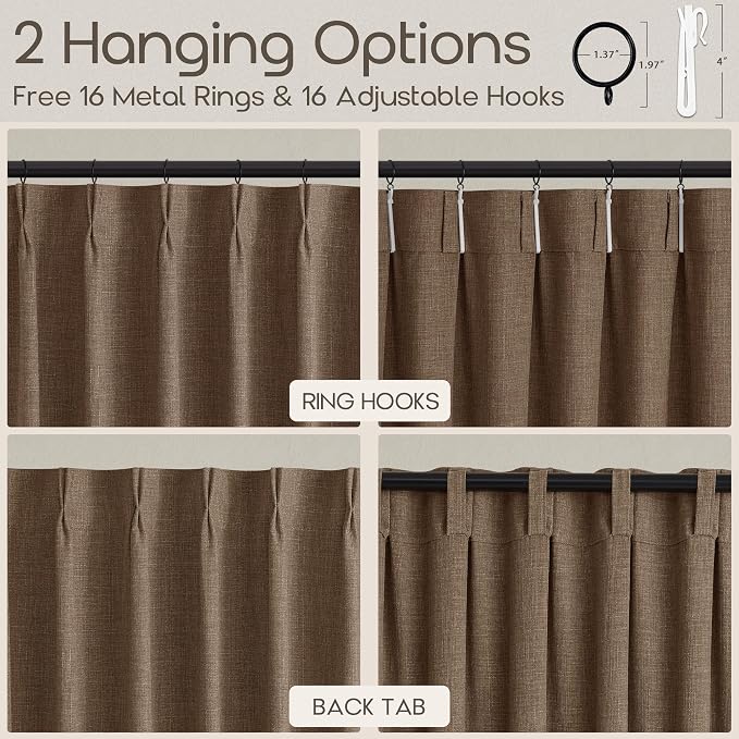 Pinch Pleated Rust Brown Curtains 102 Inch 2 Panels Set Light Filtering Privacy Pinch Pleat Thick Linen Drapes with Back Tab Hooks Rings 102 Inches Memory Shaped Vintage Country Floor Length Curtains