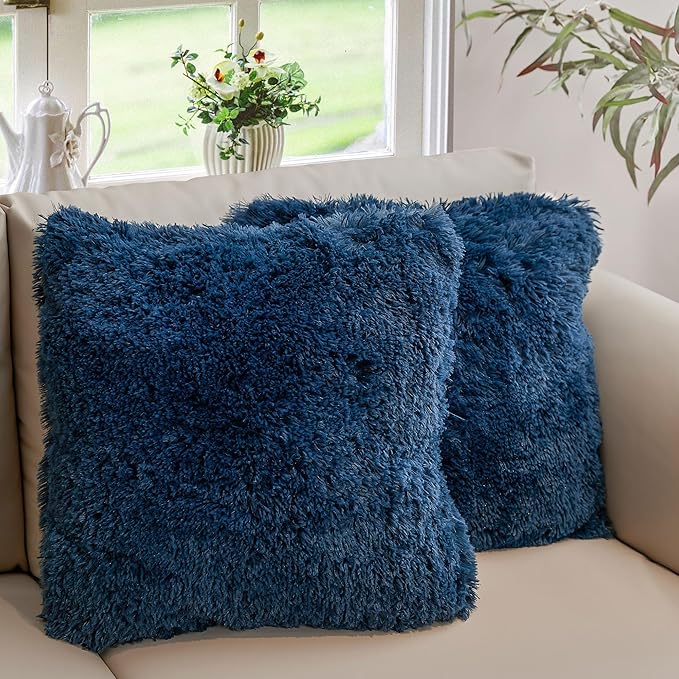 Cheer Collection Throw Pillows for Couch and Bed, Soft Shaggy Throw Pillows with Inserts Included, Cozy Long Hair Faux Fur Pillows - Set of 2-18" x 18" - Navy Blue