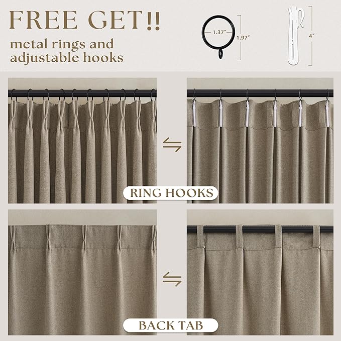 Dark Flax Pinch Pleated Curtains 90 Inches Long for Living Room Bedroom 2 Panels Linen Textured Cottage Farmhouse Light Filtering Semi Sheer Light Brown Pleat Window Drape Hooks Rings 90 Inch Length