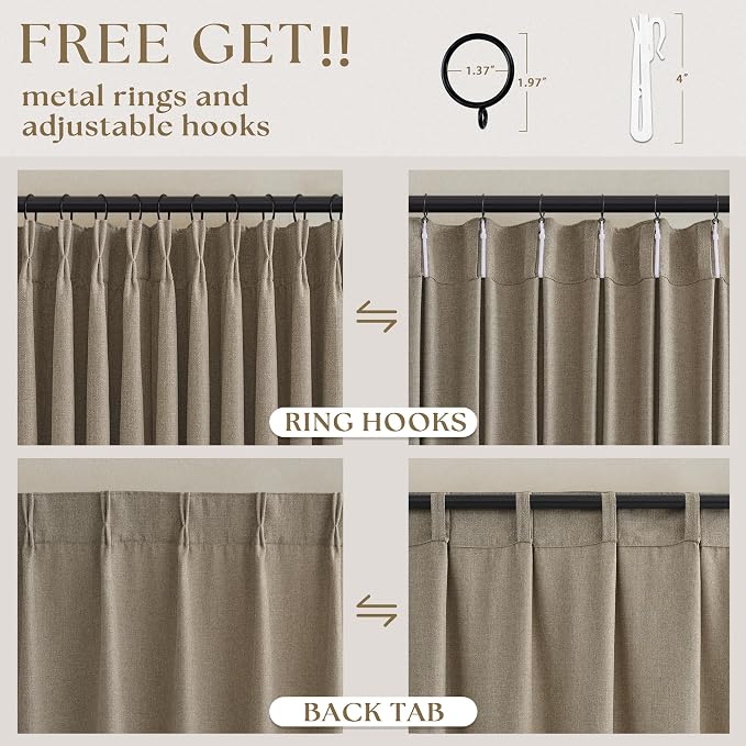 Dark Flax Curtains 108 Inches Long 2 Panels Set Pinch Pleated Linen Drapes for Living Room Bedroom Neutral Farmhouse Back Tab Pinch Pleat Light Filtering Brown Taupe Semi Sheer Curtains 40x108 Length