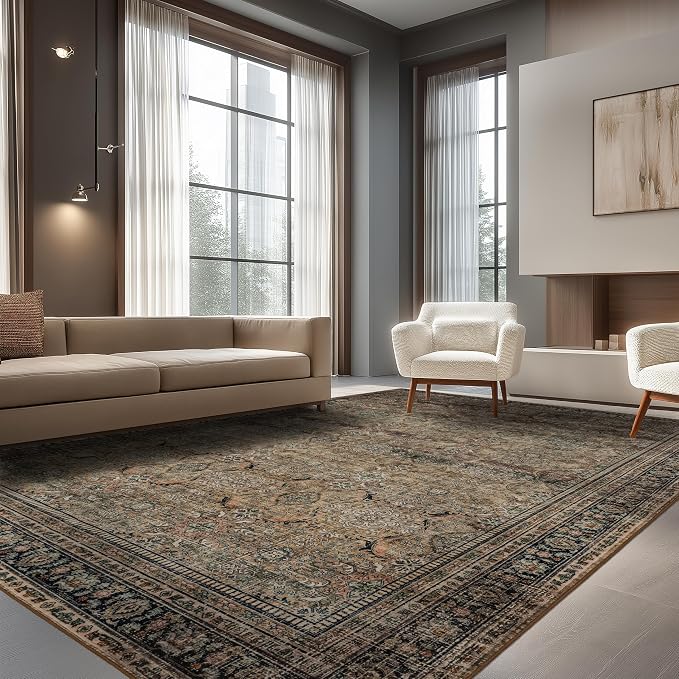 Ruaruarug Washable Area Rug 10x14 for Living Room, Bedroom, Ultra Soft Non Slip Stain & Fade Resistant, Pet & Kids Friendly, Suitable for High Traffic Areas Easy to Clean for Kitchen, Vintage Brown