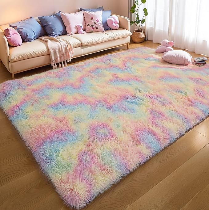 KCHOWUA Fluffy Fuzzy Unicorn Rugs for Girls Bedroom,3x5 Washable Non Slip Shag Shaggy Area Rug for Living Room,Princess Kids Toddler Boys Nursery Dorm Room Classroom Carpets,Rainbow