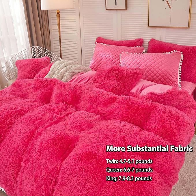 LIFEREVO Luxury Plush Shaggy Duvet Cover Set, Soft Velvet Fluffy Duvet Cover Furry Bedding Comforter Set(1 Faux Fur Fuzzy Duvet Cover + 1 Pompoms Pillow Case), Zipper Closure(Twin/Twin XL, Hot Pink)
