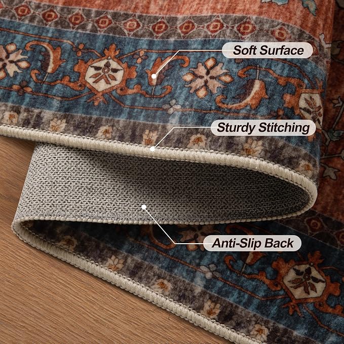 Tangsoo 5x7 Area Rug Washable Rug for Living Room, Vintage Indoor Non Slip Large Area Rugs, Print Distressed Rust Carpet, Soft Low Pile Foldable Floor Rug for Bedroom Dining Room Dorm Terracotta/Blue