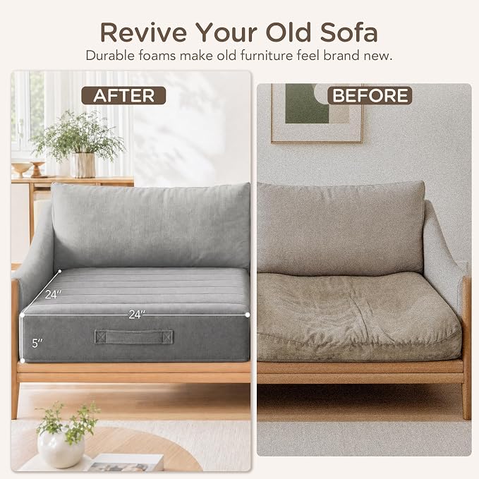 Codi Thick Replacement Couch Cushions 2 Sets, Upholstery Foam with Washable Covers for Sofa Cushion Chair Meditation - 24 × 24 × 5 Inch, High Density Foam, Grey