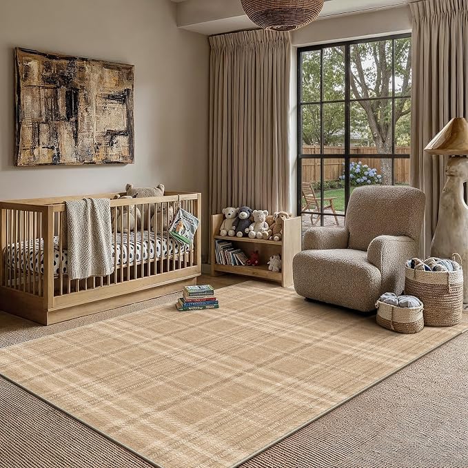 5x7 Brown Area Rug for Living Room Bedroom Machine Washable Low Pile Checkered Carpet Modern Accent Soft Non Slip Rug for Dining Room Nursery Office Indoor