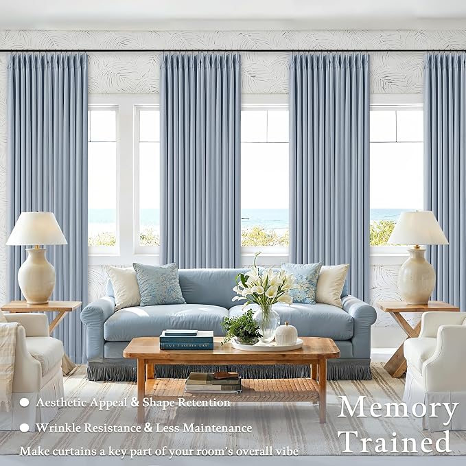 Light Blue Pinch Pleated Thick Linen Curtains 84 Inches Long for Living Room Bedroom Two Layer Blackout Sky Baby Blue Window Curtains Energy Efficient Modern Drapes with Hooks Rings 2 Panels Set