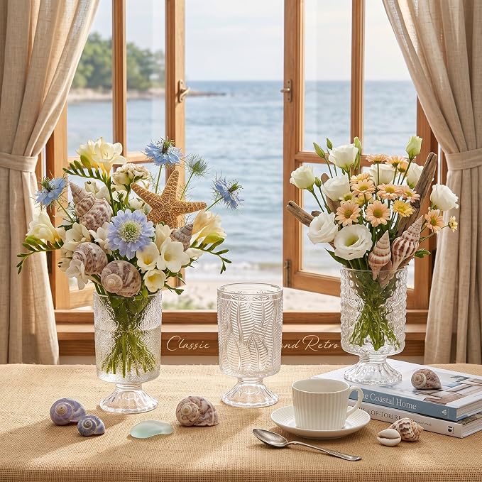6 Pcs (H: 7" W: 4") Embossed Flower Vase Pedestal Glass Vase Big Base Thickened Crystal Vintage Vases for Wedding Party Home Decor Table Centerpiece House Warming Gifts (Clear,Classic)